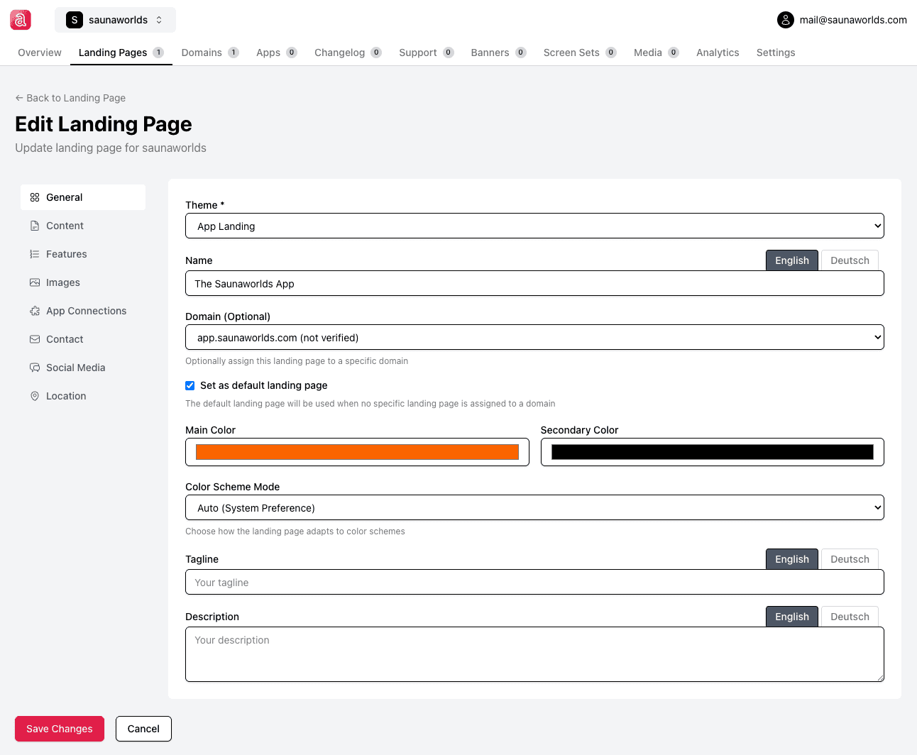 Landing page builder interface